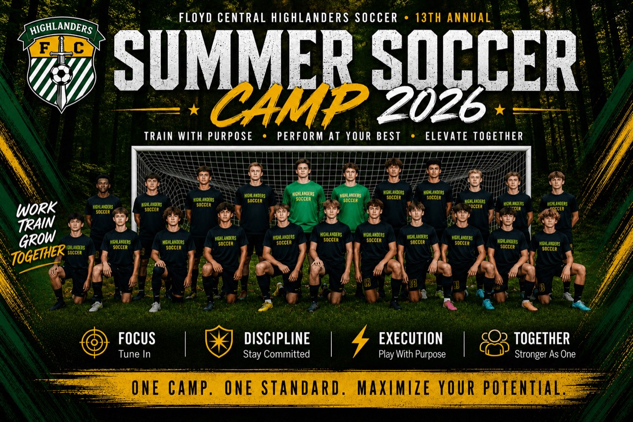 Floyd Central Highlanders Summer Soccer Camp 2026 — 13th Annual team banner